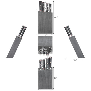 
                    
                      Gray wooden knife block with six knives and kitchen shears, shown from multiple angles with dimensions 13.3" height, 5.7" wid
                    
                  