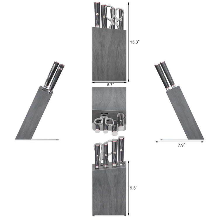 Gray wooden knife block with six knives and kitchen shears, shown from multiple angles with dimensions 13.3" height, 5.7" wid