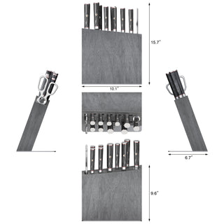 
                    
                      Knife block set with seven knives and scissors, displayed from multiple angles with dimensions shown.
                    
                  