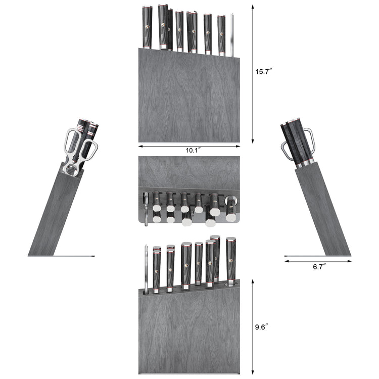 Knife block set with seven knives and scissors, displayed from multiple angles with dimensions shown.