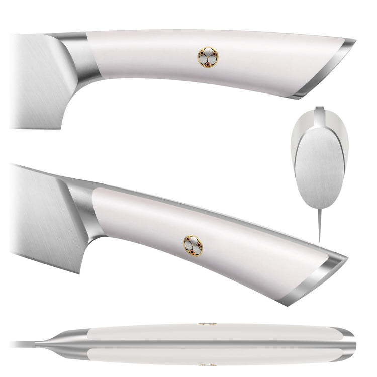 Close-up views of a white-handled knife with a round decorative emblem on the handle.
