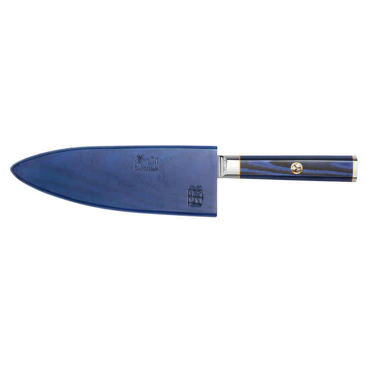 6-inch chef's knife with a blue sheath and a dark blue handle featuring a gold emblem.