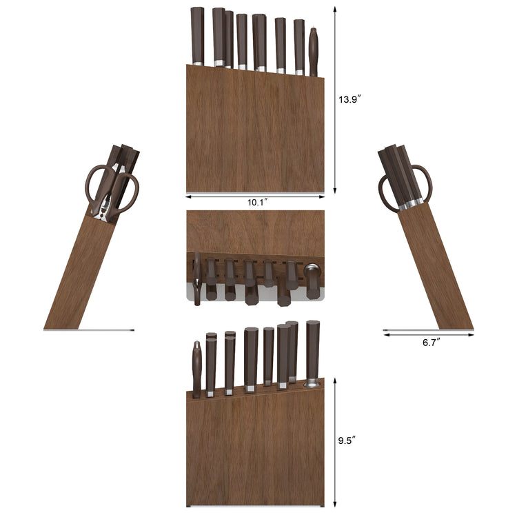 Dimensions and multi-angle views of the 12-piece walnut knife block set with kitchen knives and shears.