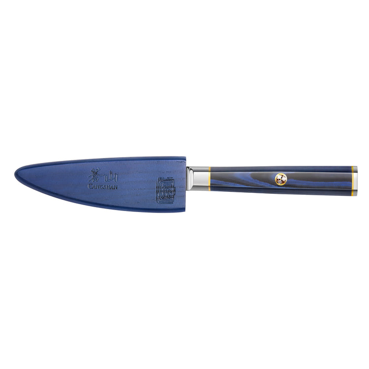 3.5-inch paring knife with a blue wooden handle and matching blue sheath covering the blade.