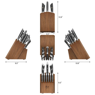 
                    
                      Knife block set with 17 forged steel knives in an acacia wood block, shown from multiple angles with dimensions.
                    
                  