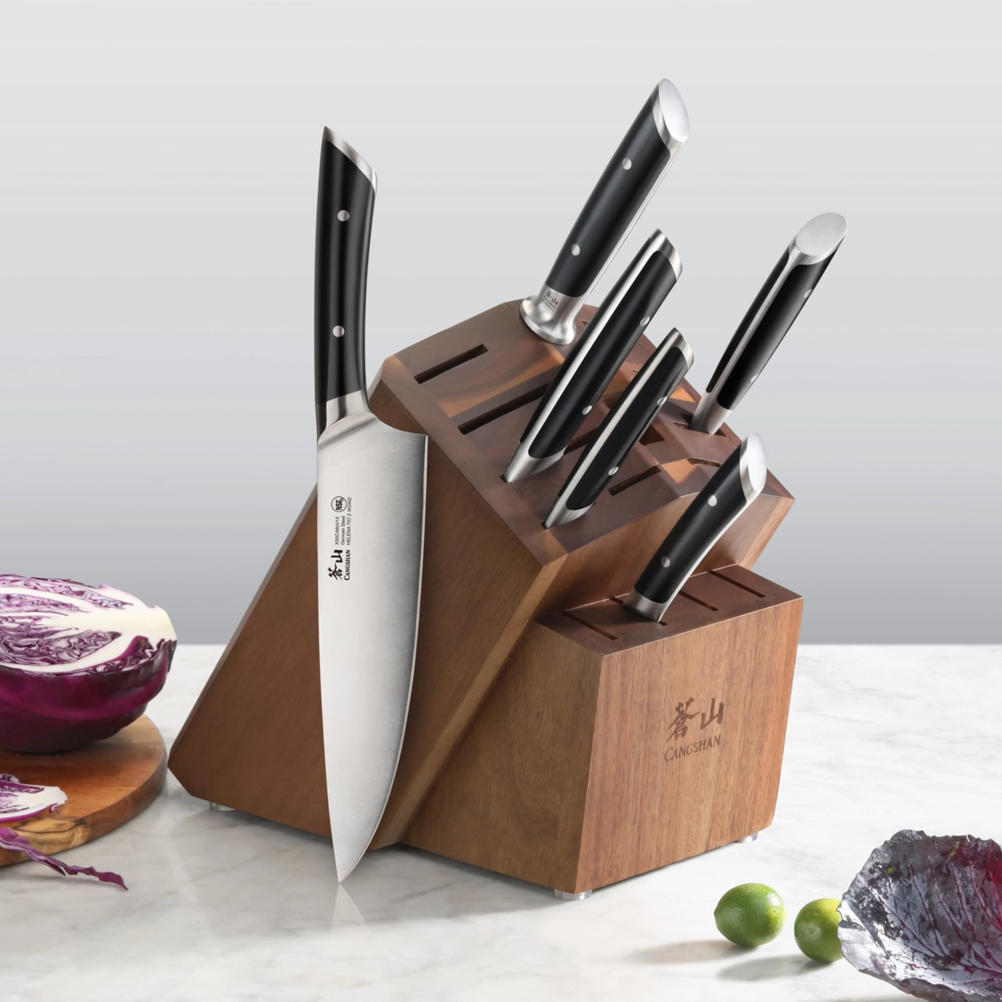 Empty Knife Block, 16-Slot Organizer, Angled Top, Acacia, 505576