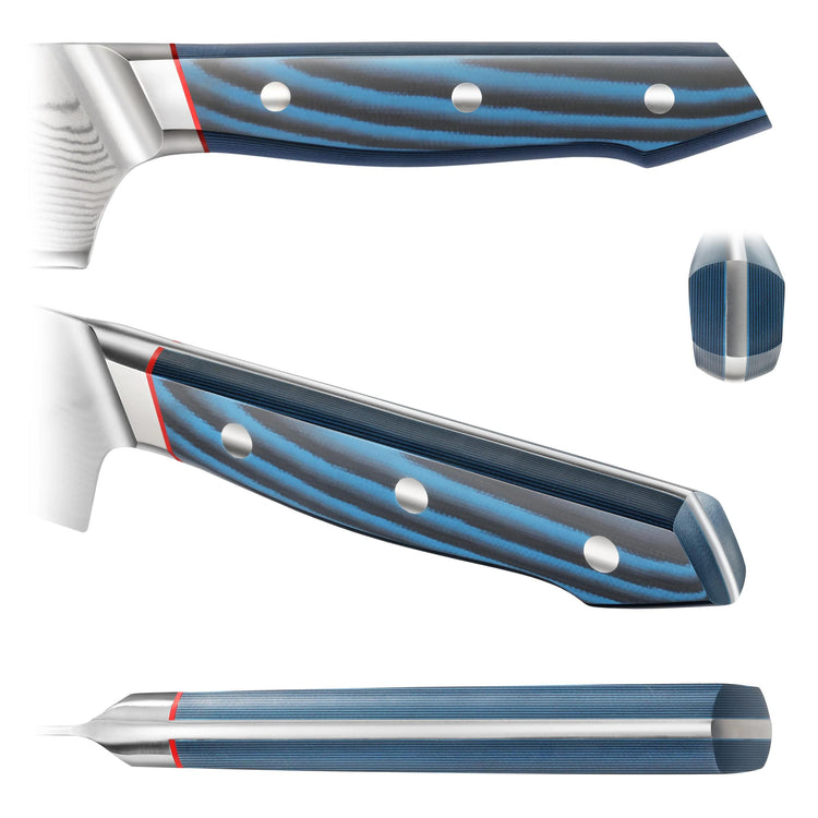 Blue and black layered handle of a kitchen knife with three metal rivets and a stainless steel blade tang.