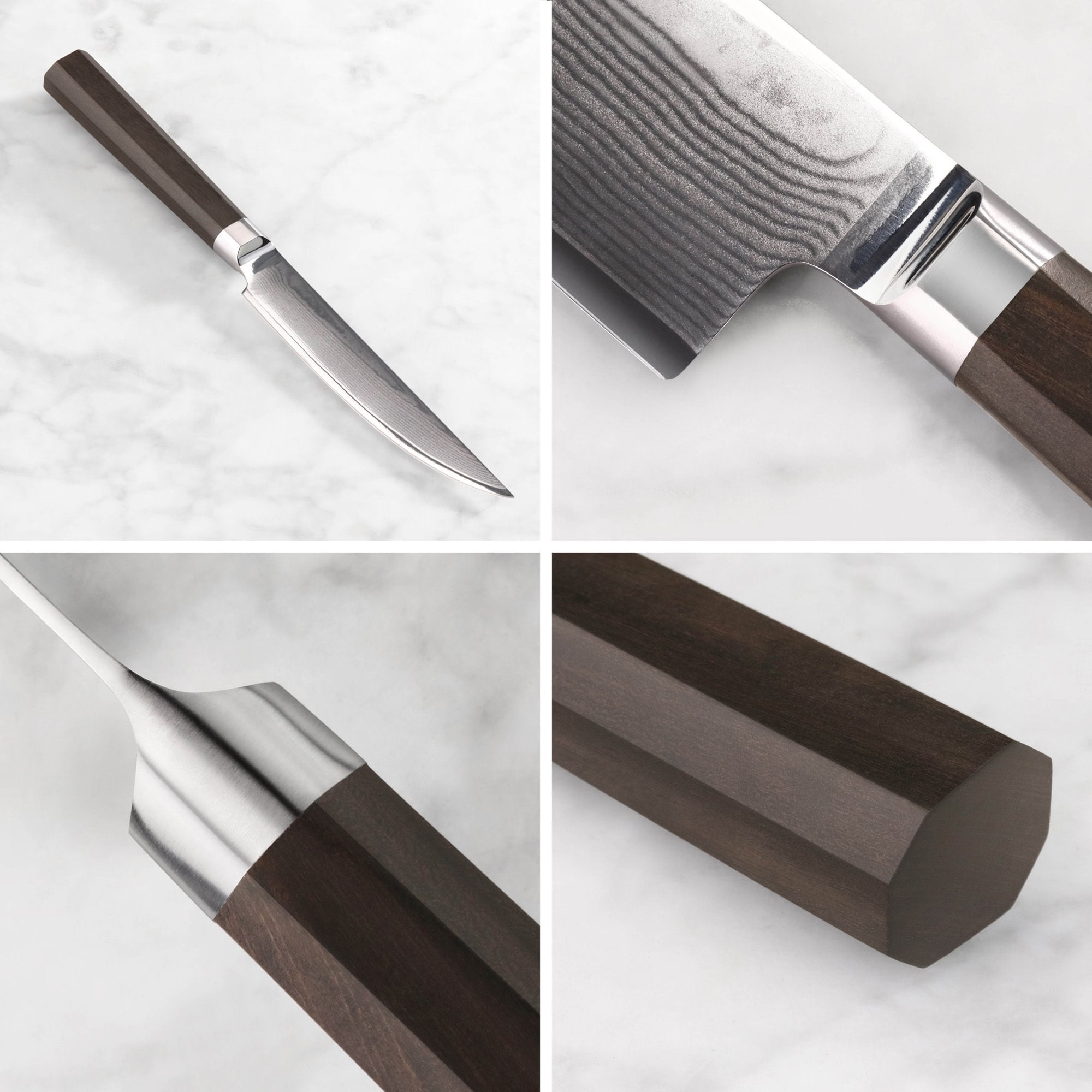 Four close-up views of a steak knife showing the blade, Damascus steel pattern, metal bolster, and dark wooden handle end.