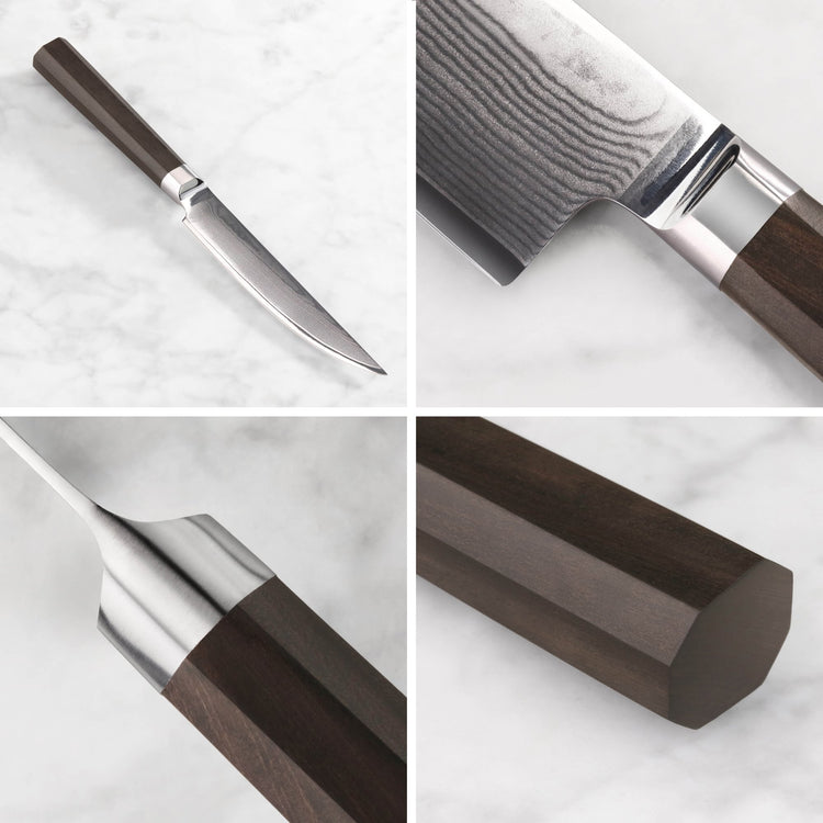 Four close-up views of a steak knife showing the blade, Damascus steel pattern, metal bolster, and dark wooden handle end.
