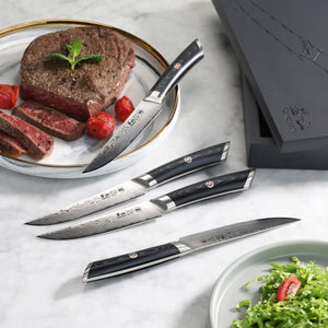 
                  
                    Load image into Gallery viewer, KURO Series 4-Piece Steak Knife Set in Ash Wood Box, High Carbon X-7 Damascus Steel, 504326
                  
                