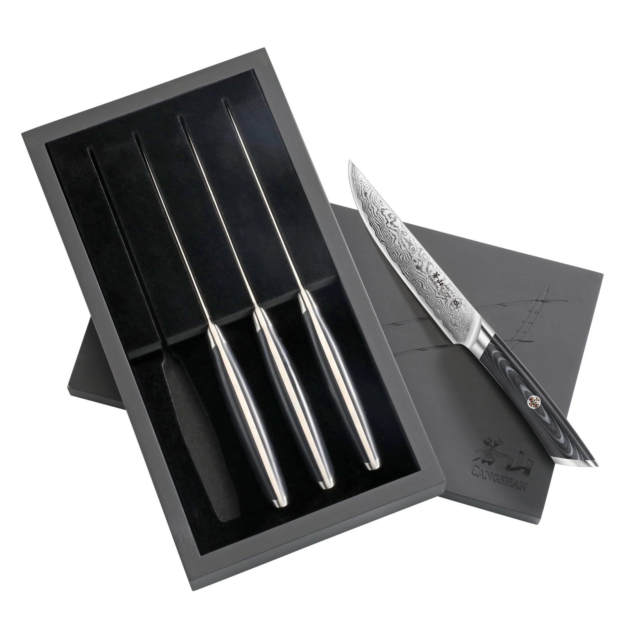 KURO Series 4-Piece Steak Knife Set in Ash Wood Box, High Carbon X-7 Damascus Steel, 504326