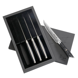 
                  
                    Load image into Gallery viewer, KURO Series 4-Piece Steak Knife Set in Ash Wood Box, High Carbon X-7 Damascus Steel, 504326
                  
                