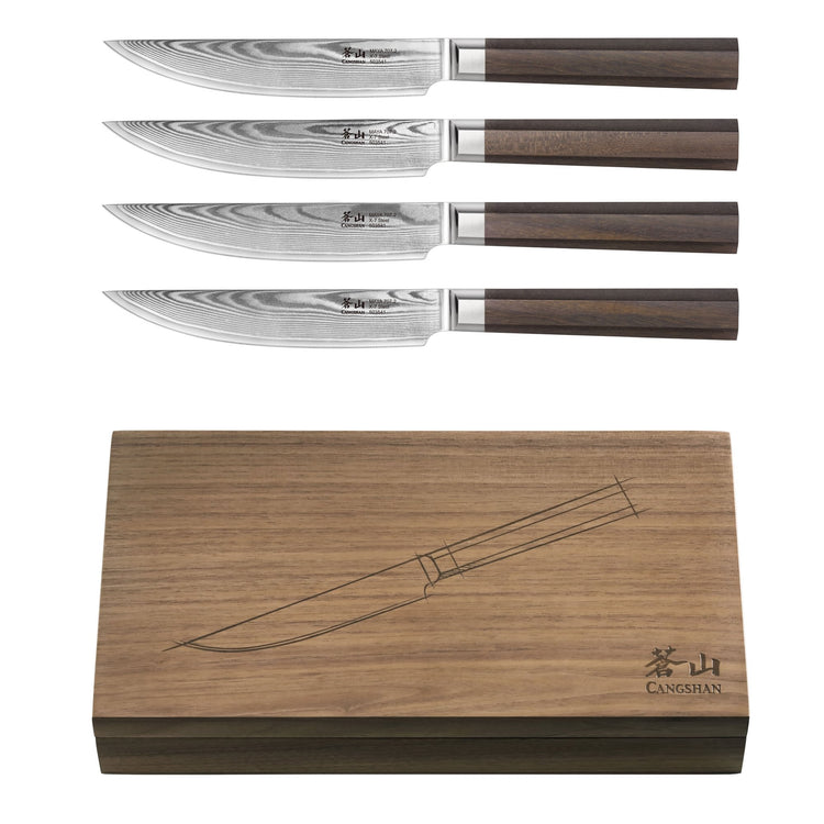 Four steak knives with patterned steel blades and wooden handles, displayed above a wooden storage box with a knife illustrat