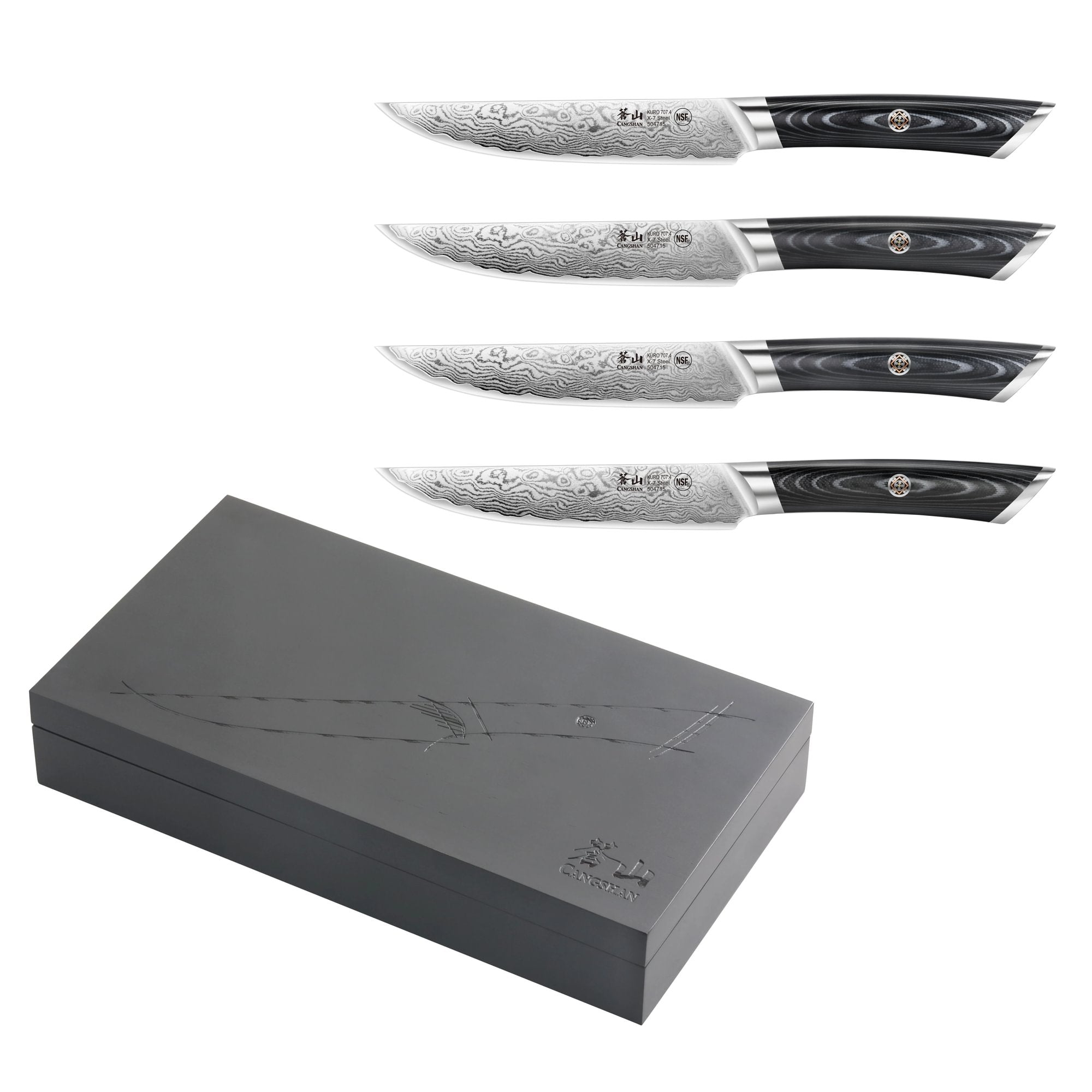 KURO Series 4-Piece Steak Knife Set in Ash Wood Box, High Carbon X-7 Damascus Steel, 504326