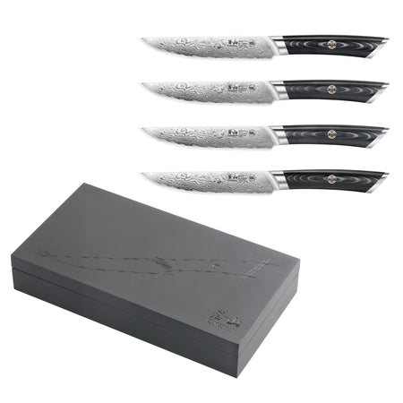 Four steak knives with patterned blades and black handles displayed above a closed black wooden box with engraved design.