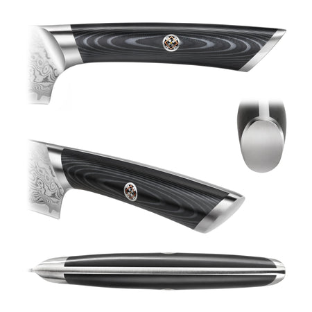 Close-up views of a steak knife handle with dark wood grain, metal bolster, and decorative rivet.