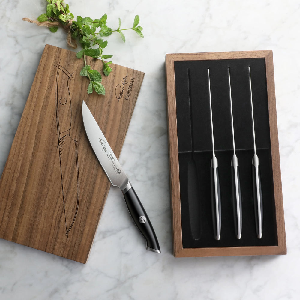 
                  
                    Load image into Gallery viewer, TKSC 4-Piece 5-Inch Steak Knife Set, Forged Swedish Powder Steel, Thomas Keller Signature Collection, Black, w/Walnut Storage Box 1023893
                  
                