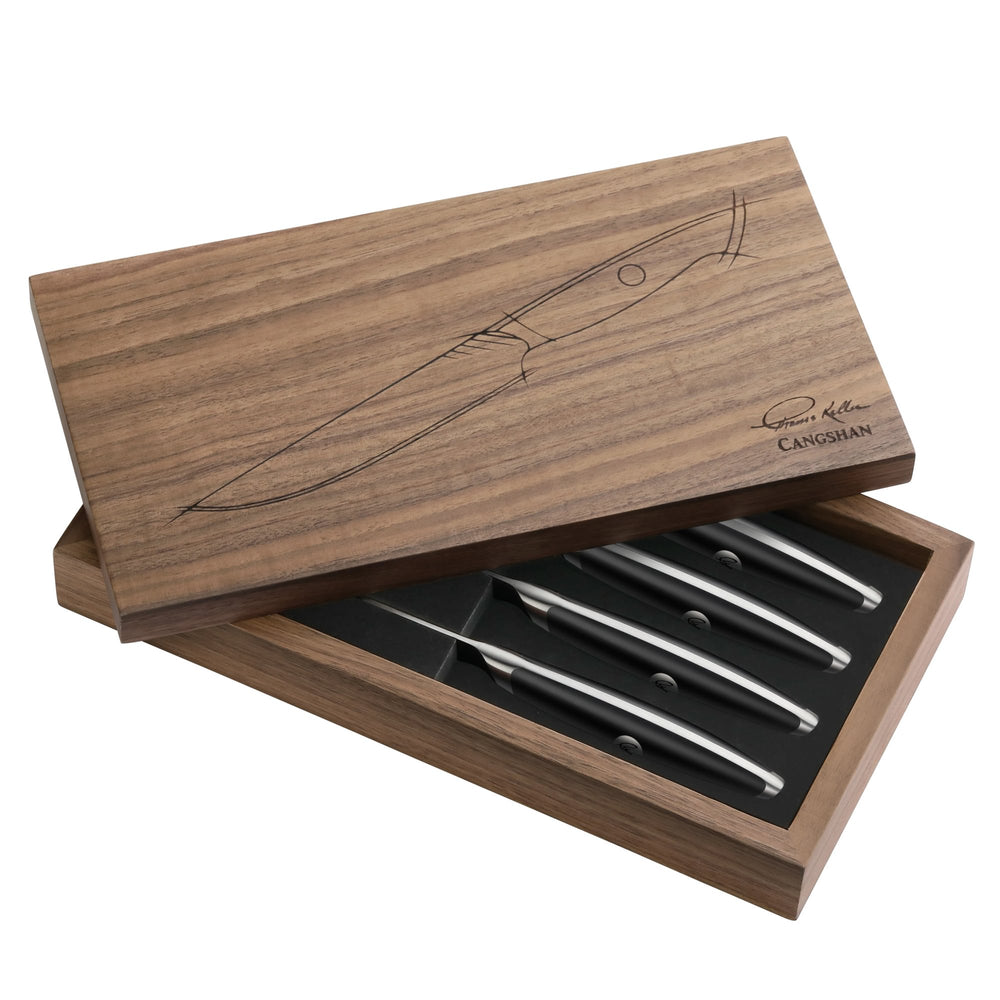 
                  
                    Load image into Gallery viewer, TKSC 4-Piece 5-Inch Steak Knife Set, Forged Swedish Powder Steel, Thomas Keller Signature Collection, Black, w/Walnut Storage Box 1023893
                  
                