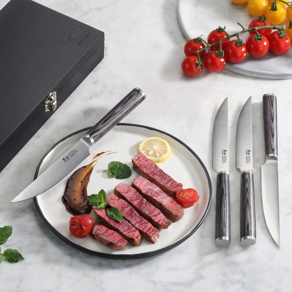 
                  
                    Load image into Gallery viewer, 4-Piece Pakkawood Steak Knife Set w/ Wood Box, 10300535
                  
                