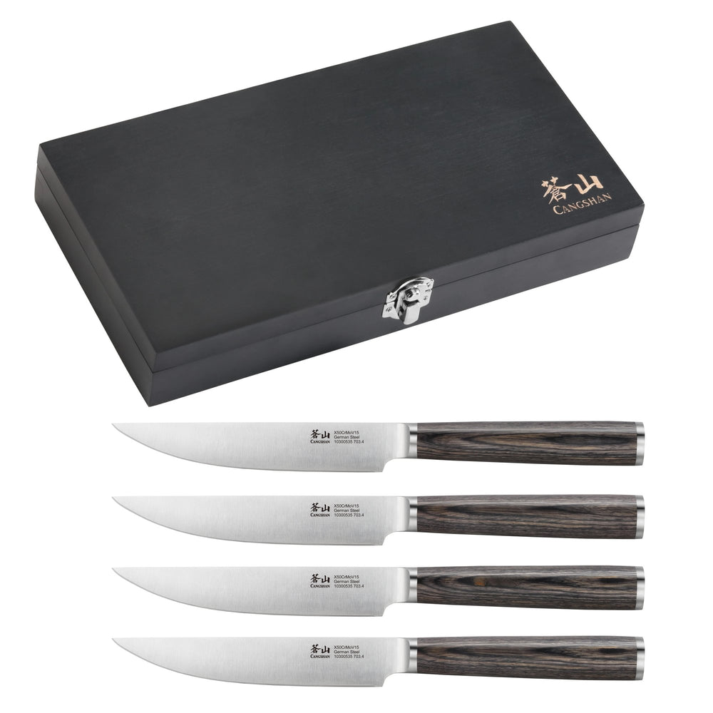 
                  
                    Load image into Gallery viewer, 4-Piece Pakkawood Steak Knife Set w/ Wood Box, 10300535
                  
                