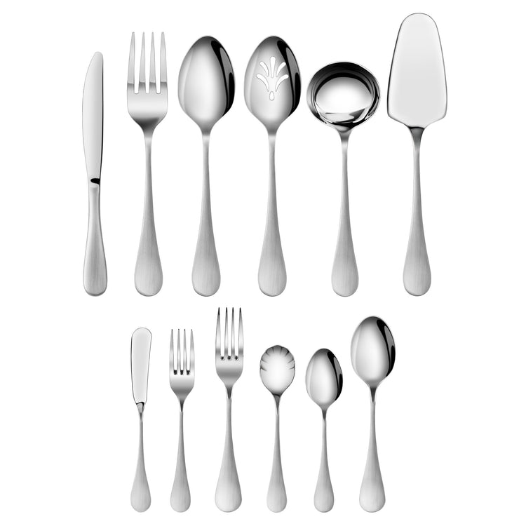 Set of stainless steel flatware including knives, forks, spoons, ladle, and serving utensils with matte finish handles.