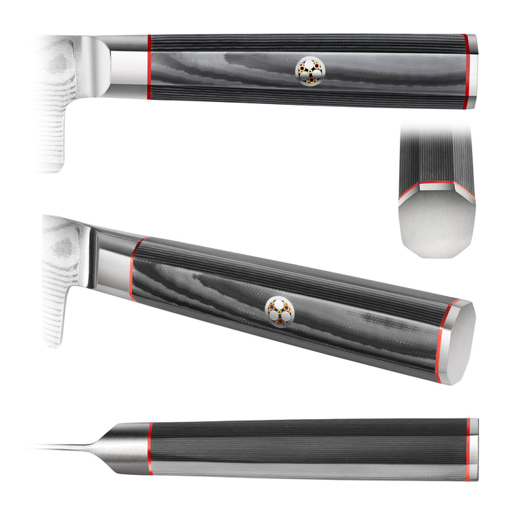 Close-up views of a knife handle with dark wood grain, red accents, and a circular emblem on the side.