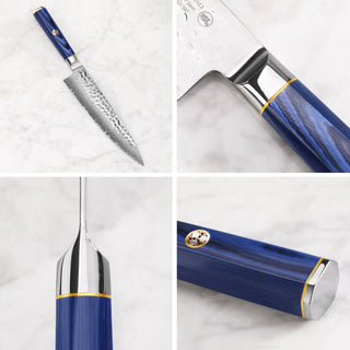 
                    
                      Japanese-style chef knife with hammered blade and blue handle, shown from multiple close-up angles on a white surface.
                    
                  
