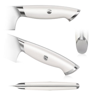 
                    
                      White-handled kitchen knife with stainless steel accents and a logo on the handle shown from multiple angles.
                    
                  