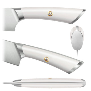 
                    
                      Close-up views of a knife handle with a white ergonomic grip and a small decorative emblem near the blade.
                    
                  