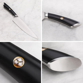 
                    
                      Chef knife with black ergonomic handle featuring a circular emblem and stainless steel bolster and blade.
                    
                  