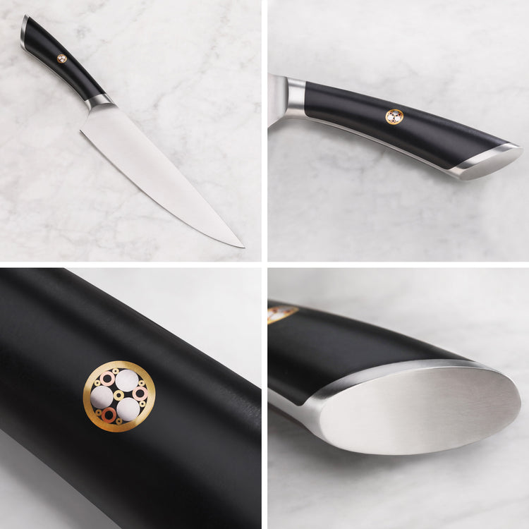 Chef knife with black ergonomic handle featuring a circular emblem and stainless steel bolster and blade.
