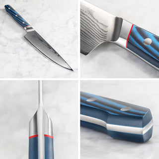 
                    
                      Chef knife with blue layered handle and Damascus steel blade shown from multiple close-up angles on a marble surface.
                    
                  