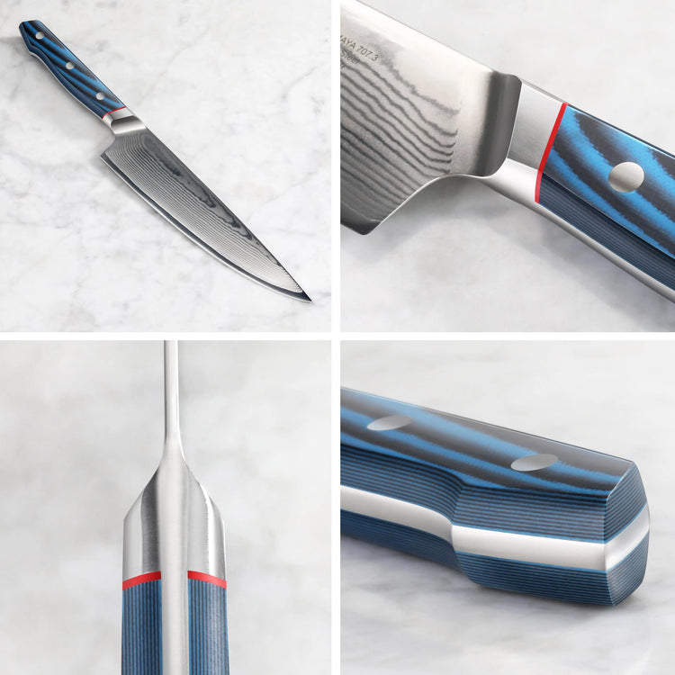 Chef knife with blue layered handle and Damascus steel blade shown from multiple close-up angles on a marble surface.