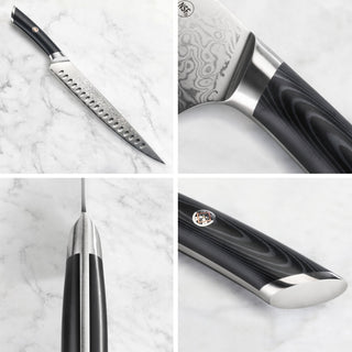 
                    
                      Carving knife with patterned blade, black wood handle, and stainless steel bolster shown from multiple angles.
                    
                  