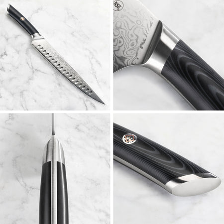 Carving knife with patterned blade, black wood handle, and stainless steel bolster shown from multiple angles.