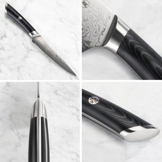 
                    
                      5-inch serrated utility knife with patterned Damascus steel blade and black ergonomic handle shown from multiple angles.
                    
                  