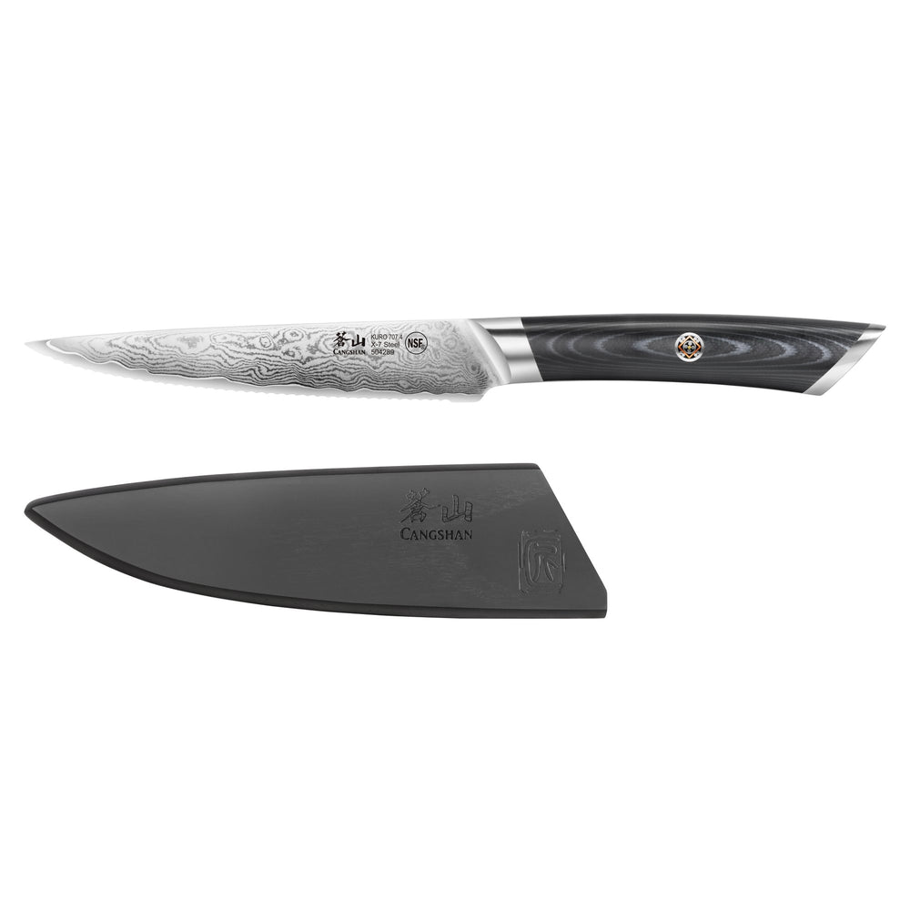 
                  
                    Load image into Gallery viewer, KURO Series 5-inch Serrated Utility Knife with Sheath, High Carbon X-7 Damascus Steel, 504289
                  
                