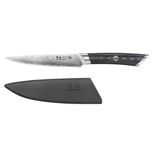 
                  
                    Load image into Gallery viewer, KURO Series 5-inch Serrated Utility Knife with Sheath, High Carbon X-7 Damascus Steel, 504289
                  
                