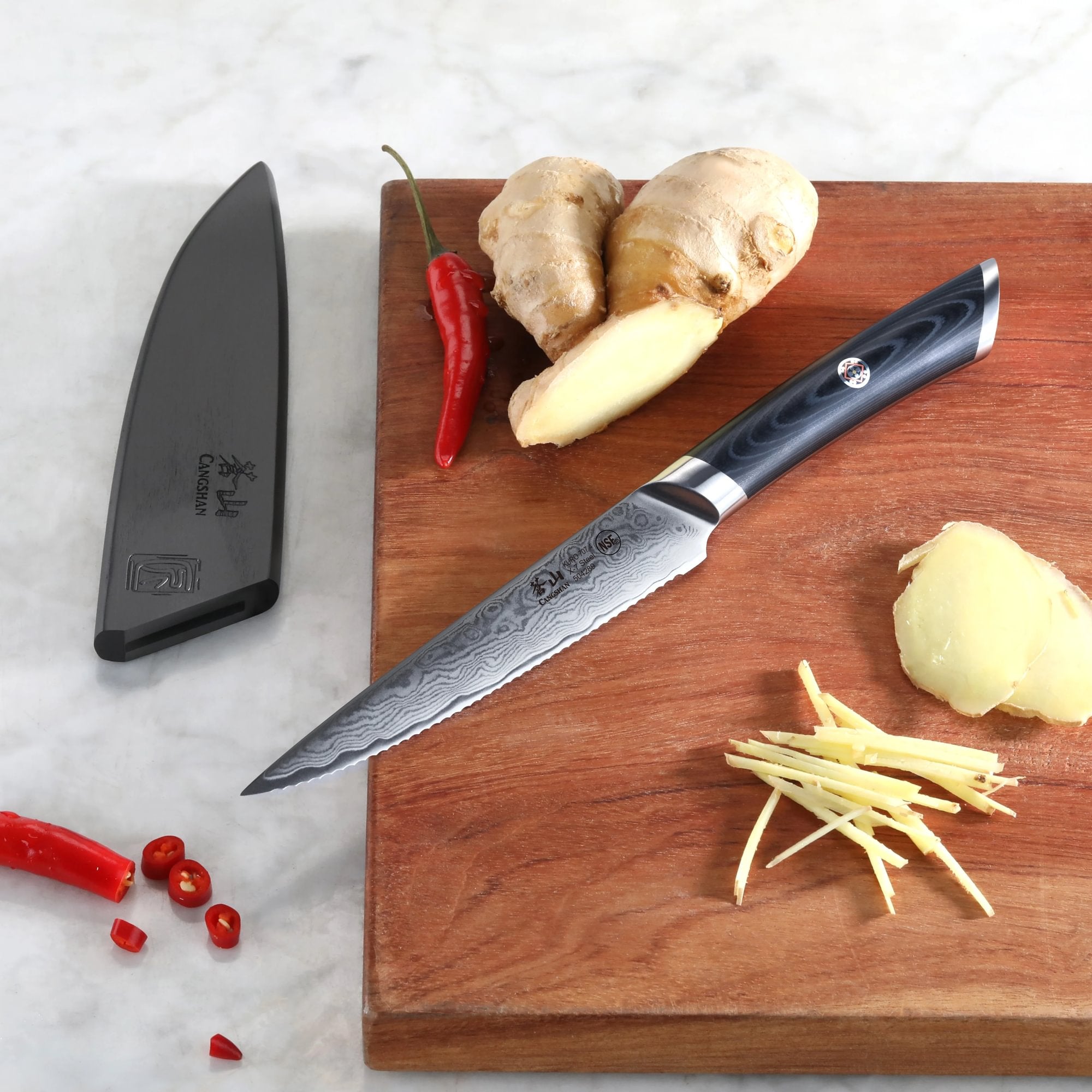 KURO Series 5-inch Serrated Utility Knife with Sheath, High Carbon X-7 Damascus Steel, 504289