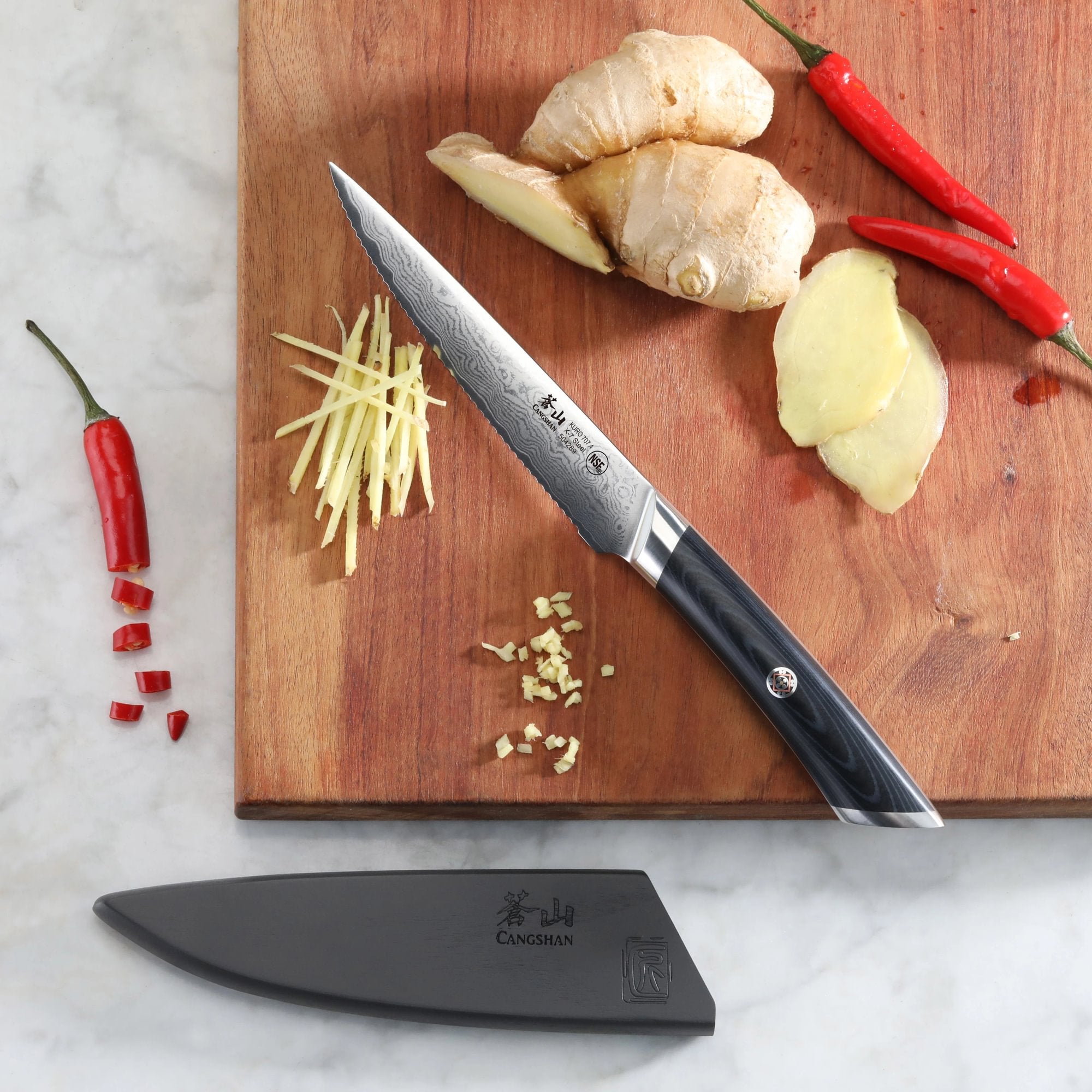 KURO Series 5-inch Serrated Utility Knife with Sheath, High Carbon X-7 Damascus Steel, 504289