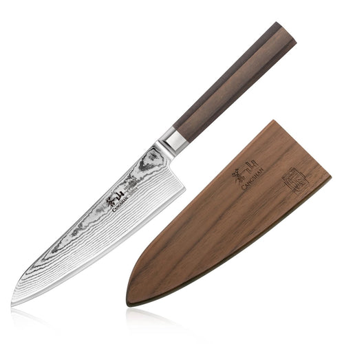 5.5-inch Damascus steel prep knife with wooden handle and matching wooden sheath.