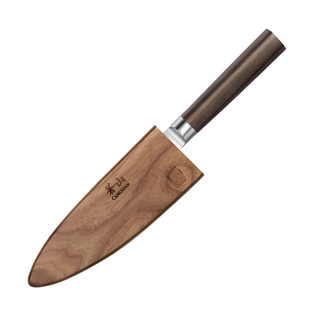 
                    
                      6-inch chef's knife with dark wooden handle and wooden sheath engraved with brand logos.
                    
                  