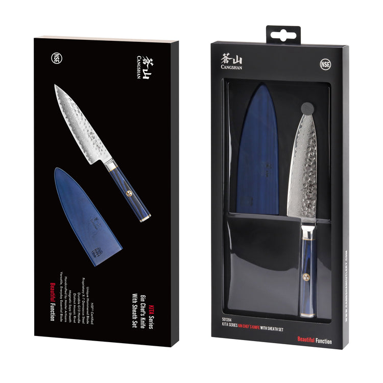 6-inch chef's knife with blue handle and textured blade, shown with matching blue sheath in black packaging.
