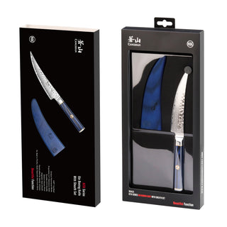 
                    
                      KITA Series 6-inch boning knife with blue handle and sheath, displayed in black retail packaging.
                    
                  