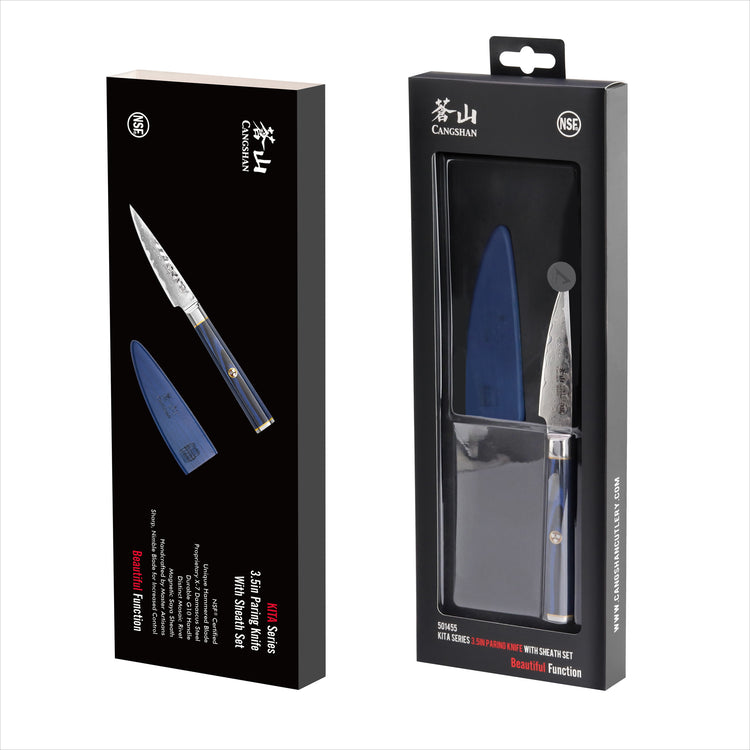 3.5-inch paring knife with patterned blade and blue sheath, displayed in black retail packaging.