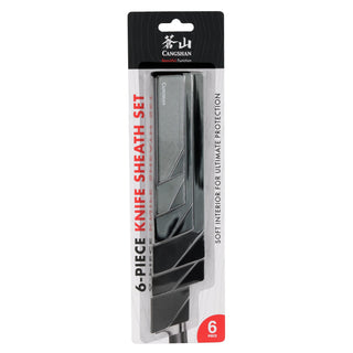 
                    
                      Six black plastic knife edge guards of varying sizes arranged in a clear plastic package with a black and white label.
                    
                  