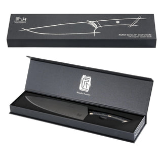 
                    
                      8-inch chef's knife with black blade and handle, displayed in an open black presentation box with sheath.
                    
                  