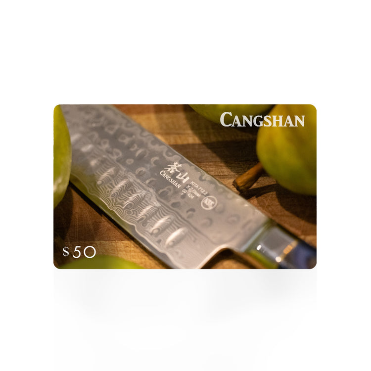 Cangshan $50 gift card featuring a patterned steel kitchen knife and green pears on a cutting board.