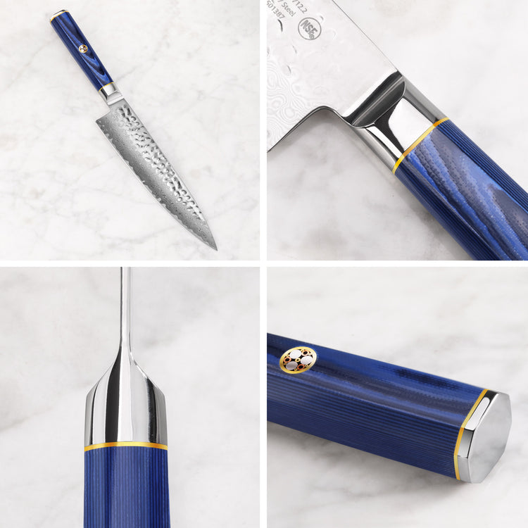 Chef knife with hammered Damascus steel blade and blue textured handle with metal accents shown from multiple angles.