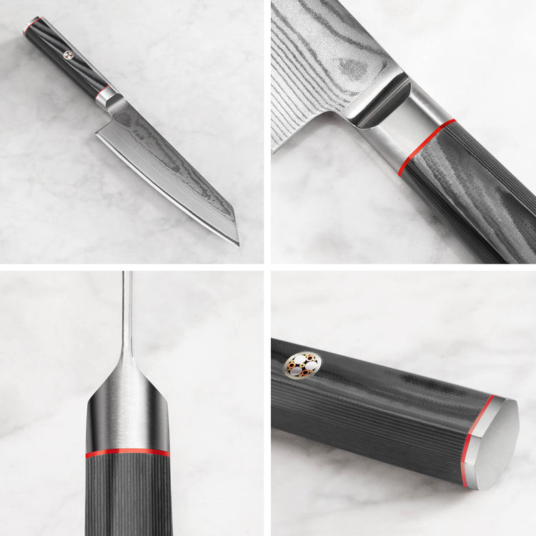 YARI Series 7-inch Kiritsuke knife with Damascus steel blade and dark textured handle with red and silver accents shown from